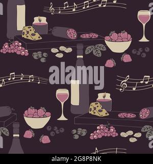 Pattern vettoriale senza cuciture con cibo e bevande su sfondo viola. Decorazione cucina party carta da parati design. Buon vino moda tessile. Illustrazione Vettoriale