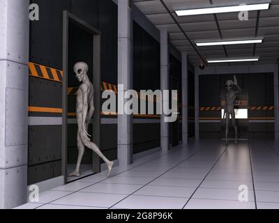 illustrazione 3d di un aliene che sventola per attirare l'attenzione di un altro alieno in un corridoio futuristico. Foto Stock