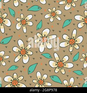 Motivo vettoriale senza cuciture con fiori disegnati a mano su sfondo beige. Semplice carta da parati vintage floreale con prato margherita. Illustrazione Vettoriale