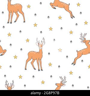 Pattern vettoriale senza cuciture con cervi e stelle su sfondo bianco. Semplice disegno della carta da parati animale. Illustrazione Vettoriale