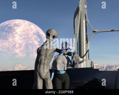 illustrazione 3d di un alieno grigio in piedi vicino a una femmina aliena con pelle blu con il braccio intorno alle spalle mentre lei ondeggia. Foto Stock