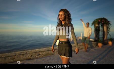 Illustrazione 3D di una donna che si allontana da un uomo mentre sorride mentre l'uomo le ondeggia sullo sfondo vicino al mare al tramonto con un piccolo pa Foto Stock