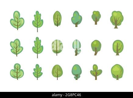 Foresta piatta. Insieme con alberi. Illustrazione in un semplice stile simbolico. Oggetti per un divertente paesaggio verde. Fumetto design. Fuori città selvaggio Illustrazione Vettoriale