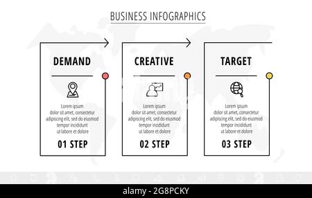 Linea temporale infografica minima con tre elementi rettangolari. Modello di elaborazione grafico con frecce. Vettore moderno per autobus aziendali o aziendali Illustrazione Vettoriale