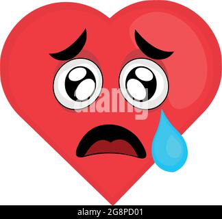 Illustrazione vettoriale di un'emoticon di un personaggio di un cuore cartoon con un'espressione triste e una lacrima nel suo occhio Illustrazione Vettoriale