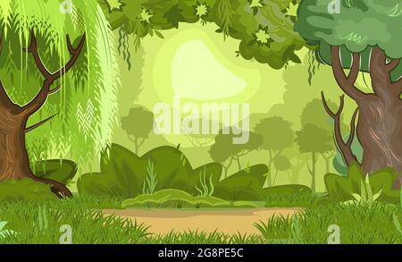 Paesaggio forestale estivo. Fogliame denso, arbusti e una radura al bordo. Spessetti di nebbia leggeri. Illustrazione della natura. Vista su alberi verdi. Cartone animato Illustrazione Vettoriale