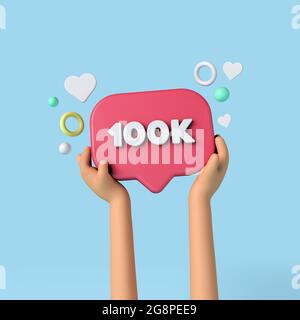 100.000 iscritti ai social media firmano in possesso di un influencer. Rendering 3D. Foto Stock