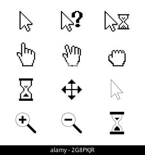 Cursori freccia web, puntatori digitali mano vettore nero pittogrammi. Pixel digitali con cursore a freccia, puntamento Web e illustrazione a clessidra Illustrazione Vettoriale