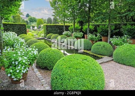 Il laghetto e il topiary al Giardino superiore di Rill a Wollerton Old Hall Gardens giardino Wollerton Market Drayton Shropshire Inghilterra Regno Unito Foto Stock