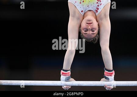 Ginnastica belga Maellyse Brassart raffigurata durante un allenamento di ginnastica in vista dei "Giochi Olimpici di Tokyo 2020" a Tokyo, Giappone, giovedì 22 luglio Foto Stock