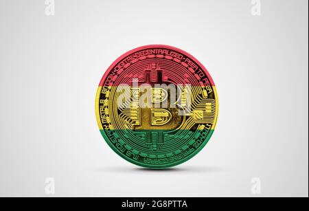 Bandiera della Bolivia su una moneta di criptovaluta bitcoin. Rendering 3D Foto Stock