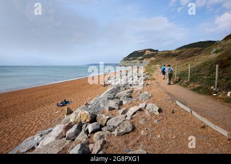 Il South-West Coast Path a Seatown con vista sul Golden Cap e la costa e le scogliere sulla Jurassic Coast a Dorset, Inghilterra sud-occidentale Foto Stock