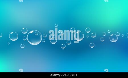 Sfondo blu luminoso con bolle di pizzicatura. Aria frizzante sott'acqua. Illustrazione vettoriale realistica. Illustrazione Vettoriale