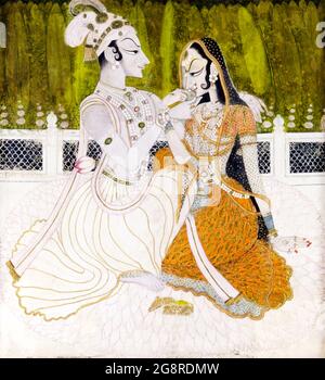 Krishna e Radha, artista sconosciuto, acquerello opaco e oro su cotone, c.. 1750 Foto Stock