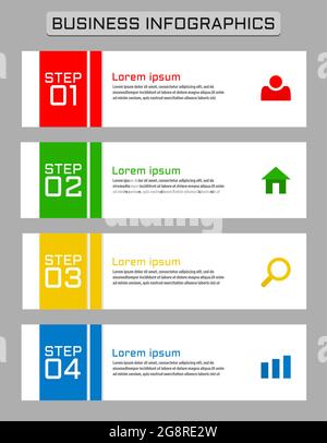 Processo in quattro fasi con modello di progettazione di colore rosso, verde, giallo e blu per infografiche aziendali Illustrazione Vettoriale
