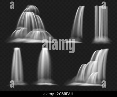Insieme realistico di illustrazione vettoriale della cascata, il flusso d'acqua chiaro di cascata, geyser o fontana che cade giù, che scorre e che cascata con gli spruzzi Illustrazione Vettoriale