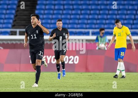 T'qual, TO - 22.07.2021: OLYMPIC GAMES TOKYO 2020 2021 TOKYO - il Nadiem Amiri della Germania celebra dopo aver segnato un gol durante la partita di calcio Brasile-Germania ai Giochi Olimpici di Tokyo 2021 che si sono tenuti nel 2021, la partita che si è tenuta allo Yokohama Stadium, Giappone. (Foto: Richard Callis/Fotoarena) Foto Stock