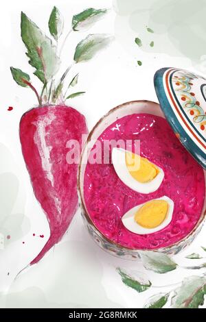 Ancora vita con zuppa di barbabietole e pollo tritato verdure su sfondo bianco di legno Foto Stock