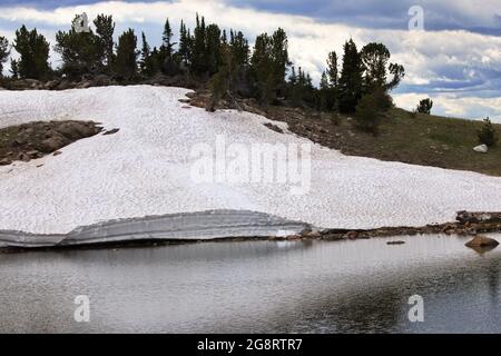 L'aumento della neve estiva si scioglie lungo le altissime altitudini della Beartooth Highway nelle Montagne Rocciose tra Cooke City e Red Lodge, Montana, nel giugno 2021 Foto Stock