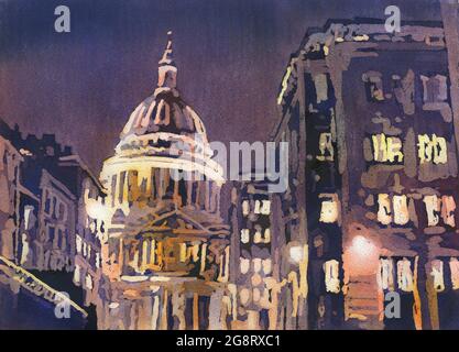 Cattedrale di San Paolo di notte nella città di Londra, Inghilterra. Pittura acquerello Londra Foto Stock