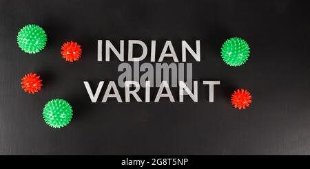 parole variante indiana posata con lettere in metallo d'argento su superficie piana nera opaca con piccoli modelli di virus rosso e verde direttamente sopra la vista Foto Stock