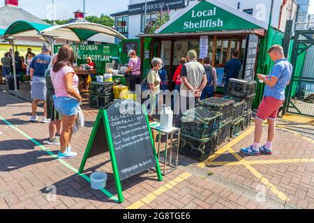 Fila in un caffè di pesce sul molo e da asporto, Oban, Argyll, Scozia, Regno Unito Foto Stock