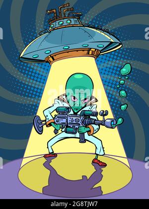 ufo piatto volante con un uomo malvagio verde alieno Illustrazione Vettoriale