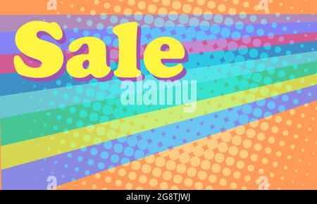 Vendita 80s retrò sfondo. Strisce colorate luminose e un'iscrizione sugli sconti Illustrazione Vettoriale