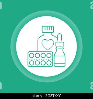 Gocce di flacone di pillola e icona del pulsante di colore del blister. Prodotto farmaceutico. Illustrazione Vettoriale