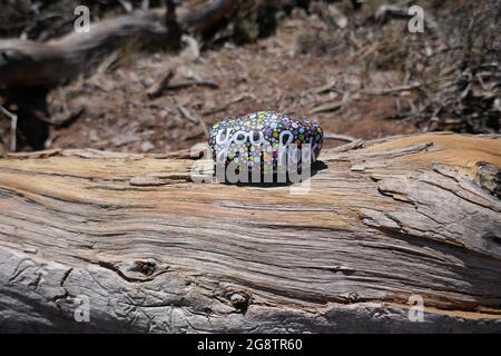 Modello di legno sul vecchio ceppo con roccia di gentilezza e dipinto Rock messaggio Foto Stock