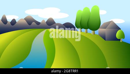 illustrazione astratta di un campo estivo, case, alberi e montagne con un fiume 1 Illustrazione Vettoriale