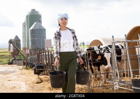 Dipendente femminile che si occupa della mandria di mucche in azienda Foto Stock