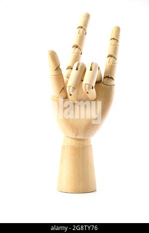 Mano di legno isolata su sfondo bianco Foto Stock