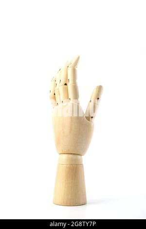 Mano di legno isolata su sfondo bianco Foto Stock