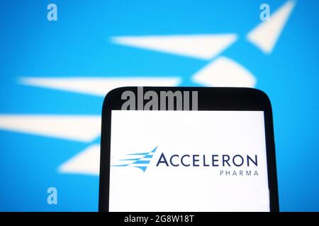 Ucraina. 22 luglio 2021. In questa illustrazione fotografica un logo Acceleron Pharma di un'azienda biofarmaceutica viene visualizzato sullo schermo di uno smartphone. (Foto di Pavlo Gonchar/SOPA Images/Sipa USA) Credit: Sipa USA/Alamy Live News Foto Stock