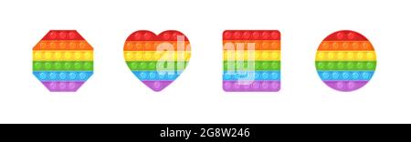 Pop it fidget. Insieme di giochi sensoriali alla moda. Diverso gioco antistress di forma per bambini. Giocattolo a mano colorato con bolle a pressione. Illustrazione vettoriale Illustrazione Vettoriale