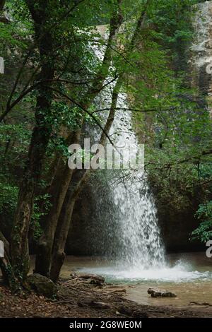 Cascata verde foresta. Estate bellissimo paesaggio fresco nella foresta con un fiume di montagna. Sfondo verticale naturale. Un flusso di acqua limpida caduta Foto Stock