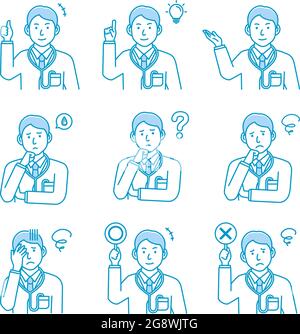 Set di illustrazione di variazione del gesto del medico giovane Illustrazione Vettoriale