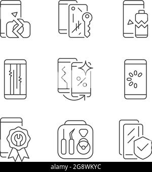 Set di icone lineari per la riparazione del telefono Illustrazione Vettoriale