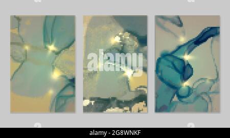 Set in marmo con sfondi in oro e turchese chiaro con texture. Motivo Geode con glitter. Retrogiri vettoriali astratti in tecnica dell'alcool dell'arte del fluido Illustrazione Vettoriale