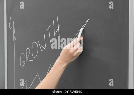 la mano femminile di una vettura di affari su una lavagna nell'ufficio disegna un grafico di profitto. primo piano. fuoco selettivo Foto Stock