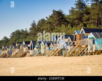 29 giugno 2019: Wells-Next-the-Sea, Norfolk, Inghilterra, UK - Bathing huts sulla spiaggia, alberi dietro. Foto Stock