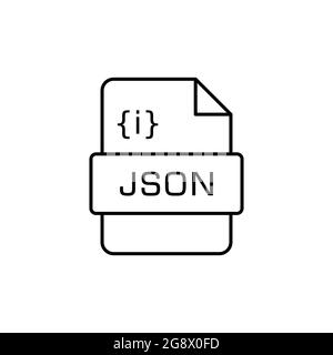 Icona della riga formato file JSON. Notazione oggetto JavaScript. Estensione del linguaggio di programmazione JSON. Formato di scambio dati del server. Informatica e web Illustrazione Vettoriale