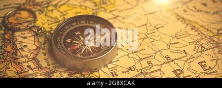 Vecchia bussola su una mappa del mondo, sfondo retro banner per l'esplorazione e la navigazione tema, copia spazio design foto Foto Stock