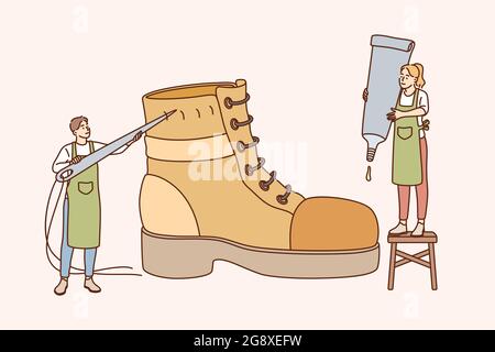 Concetto di calzaturiera e progettazione. Scarpe da menda uomo e donna per scarpe fatte a mano, produzione retrò per clienti illustrazione vettoriale Illustrazione Vettoriale