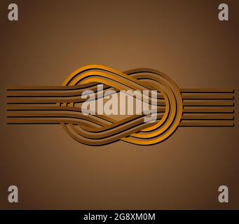 Nodo piatto. Nodo quadrato. Nodo Reef. Due corde d'oro intrecciate. Sfondo scuro Illustrazione Vettoriale
