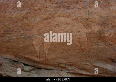 Antichi dipinti di arte rupestre aborigena in stile Quinkan situati vicino alla cittadina di Laura sulla penisola di Cape York in far North Queensland, Australia. Foto Stock