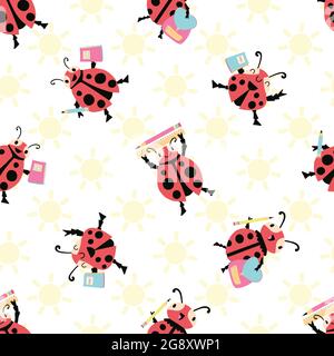 Ladybug torna a scuola vettore senza soluzione di continuità pattern di sfondo. Divertente cartoon kawaii ladybird personaggi con backback, matite, notebook su motivo sole Illustrazione Vettoriale