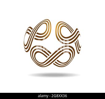 Tre anelli di Mobius ciascuno composto da tre linee dorate. Simboli infiniti disegnati su una sfera Illustrazione Vettoriale