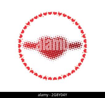 Bocca sorridente fatta di filo con il cuore in un cerchio di piccoli cuori. Bacio d'amore Illustrazione Vettoriale